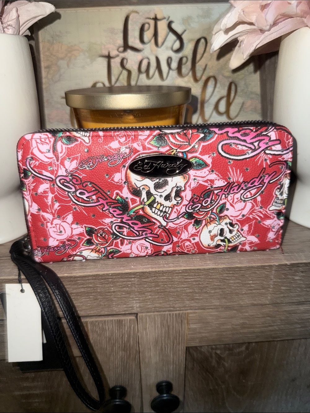 Ed Hardy Pink Skull & Rose Zip Wallet Wristlet